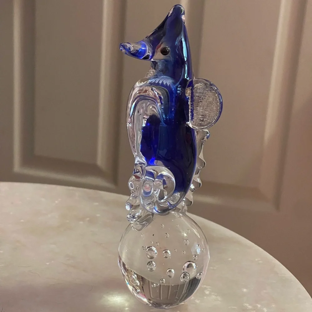 Blue Art Glass Seahorse Figurine or Paperweight Cobalt/Clear Blown Glass